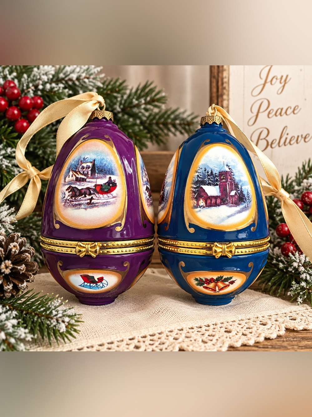 PAIR Musical Hinged Eggs by Valerie Parr Hill Mr. Christmas